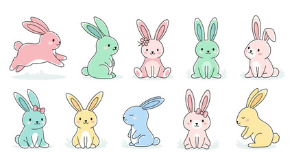 Collection of Colorful Cartoon Rabbits Illustration.