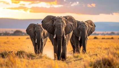 Obraz premium Three elephants walking through grassy savanna at sunrise with dramatic sky and warm golden light.