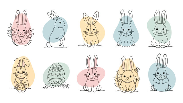 Collection of Cartoon Easter Bunnies and Eggs.