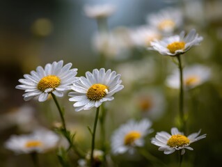 Fototapeta premium Close up of white daisies with yellow centers in soft natural light daisy flower