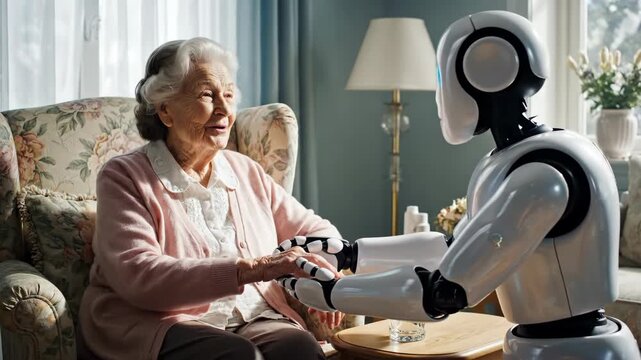 Elderly woman greets humanoid robot in cozy living room. Sequence shows initial approach, reaching out, and gentle hand-holding. Robotic companionship for senior care and future technology
