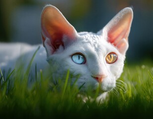 Un gato Sphynx de pelaje blanco y ojos heterocrom&aacute;ticos se esconde entre la hierba verde.