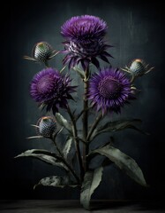 Una composici&oacute;n art&iacute;stica de cardos morados sobre un fondo oscuro.