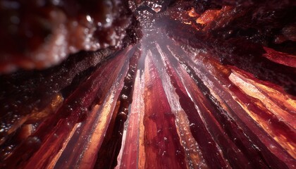 Una vista dram&aacute;tica y abstracta de una estructura rocosa roja brillante, iluminada por un haz de luz.