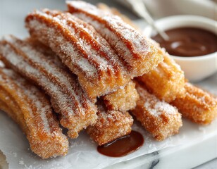 Una pila de churros reci&eacute;n hechos, espolvoreados con az&uacute;car glas, junto a una taza de chocolate espeso.
