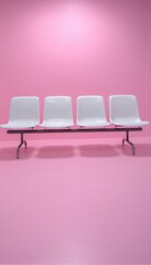 Un banco de cuatro plazas blancas sobre un fondo rosa intenso.