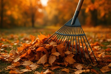 Autumn Leaves with Rake Fall Season Garden Cleanup and Yard Maintenance