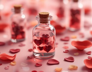 Una botella llena de corazones rojos flotando en agua, rodeada de p&eacute;talos.