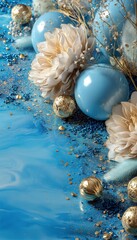 Composici&oacute;n festiva con adornos dorados y flores blancas sobre fondo azul marmolizado.