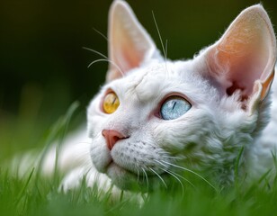 Un gato blanco con ojos de diferente color observa con curiosidad.