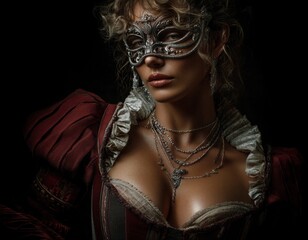 Retrato de una mujer con m&aacute;scara y atuendo de &eacute;poca.