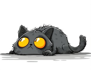 Un gato gris y rechoncho se lamenta con ojos enormes y expresivos.