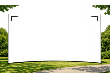 Outdoor projection screen with blank transparent area, ready for custom content in a green park environment