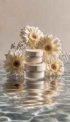 Dos frascos de crema sobre una superficie de agua con flores secas.