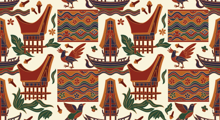Seamless Pattern Traditional Sulawesi Tongkonan House Phinisi Ship And Spices