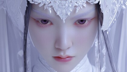 Retrato de una figura et&eacute;rea con maquillaje y vestimenta blanca, evocando una sensaci&oacute;n de frialdad y belleza sobrenatural.