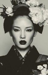 Retrato en blanco y negro de una mujer con kimono y peinado tradicional japon&eacute;s.