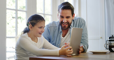 Tablet, child or dad in home with smile for app, laugh together or play educational game on...