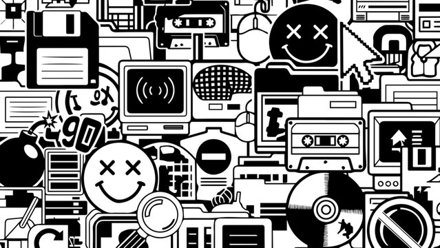 Dense Collage of Retro Tech Icons Including Floppy Disks, Cassettes and Smiley Faces