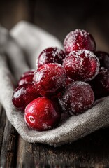 Un pu&ntilde;ado de ar&aacute;ndanos cubiertos de escarcha sobre una tela r&uacute;stica.