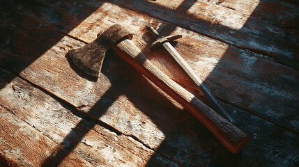 An ax and a hammer laying on a wooden surface. Sunlight casts shadows, highlighting the tools