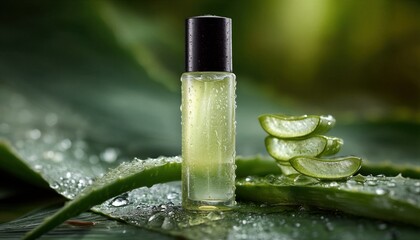 Una botella de aceite de aloe vera sobre una hoja verde brillante, con rodajas de aloe a un lado.