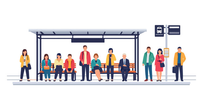 People waiting at bus stop with transparent background