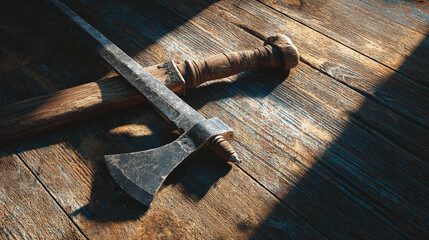 A weathered axe and a sword rest on a wooden surface, illuminated by the sun's rays. The rustic texture of the wood adds a sense of history to the scene