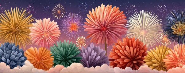 Fototapeta premium Colorful fireworks burst across a dark purple sky above fluffy pink clouds