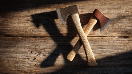 Two crossed axes casting shadows on a wooden surface, suggesting tools and craftsmanship
