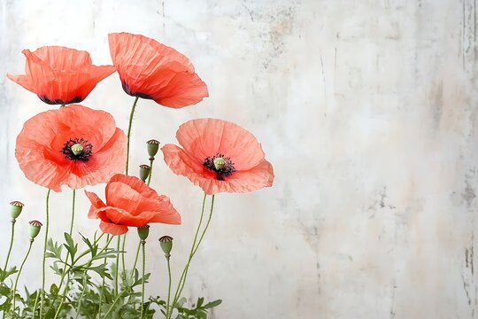 Delicate coral poppy flowers against a textured neutral background in soft natural light
