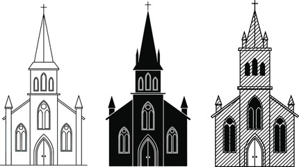 Fototapeta premium Church building illustrations collection with gothic Christian architecture, chapel facades and religious landmarks, line and silhouette styles, black vector illustration isolated