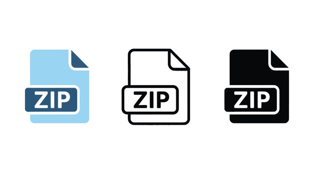 Three ZIP file icons in different colors on a white background