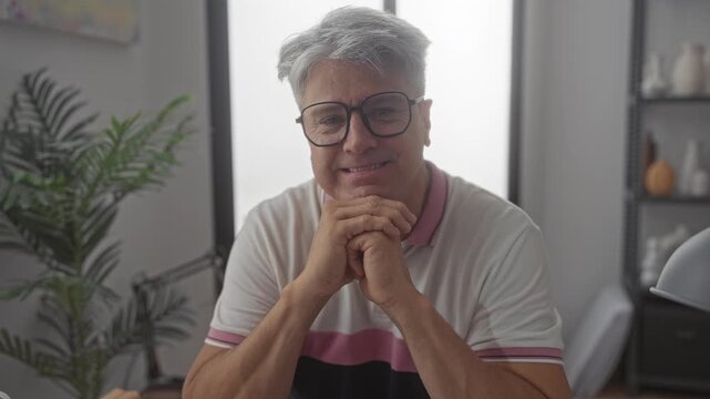 Senior man with glasses clasping hands under chin smiling in studio with plant lamp shelf and chair visible; warmth reflection.