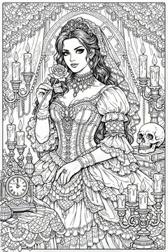 Elaborate black and white drawing of a Victorian woman holding a rose in a candlelit room with clocks and skull, ideal for gothic romance, fantasy stories, or coloring books.