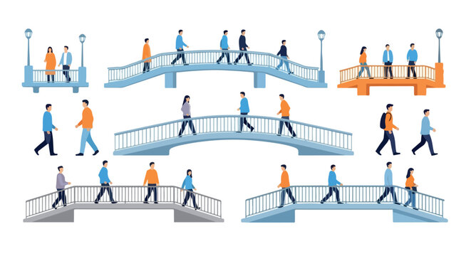 People walking on bridges in urban park scene