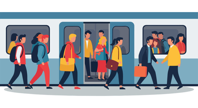 People boarding train carriage with commuters