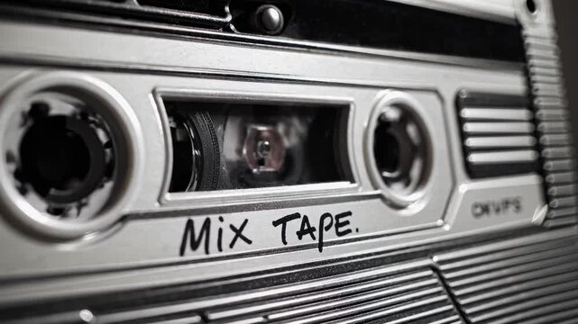 Close-up angle of a vintage cassette tape labeled 'Mix Tape,' evoking nostalgia and retro vibes, reminiscent of classic video aesthetics.