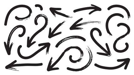 Hand-Drawn Arrows in Dynamic Movement with Black Ink on White Background for Graphic Design