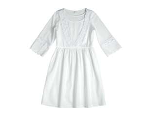 A plain white dress with lace trim on the neckline, sleeves, and waist
