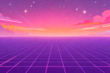 Futuristic grid landscape with starry sky