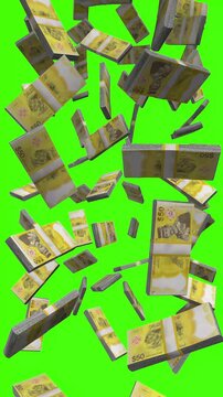 Vertical Brunei Dollar bills falling on chromakey, BND cash rain
