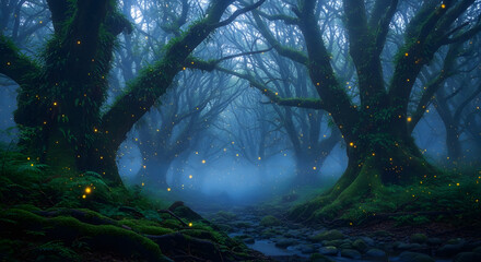 Mystical Forest: A path winds through a magical forest, with ancient trees, creating an ethereal and enchanting atmosphere. The air shimmers with mystical particles.