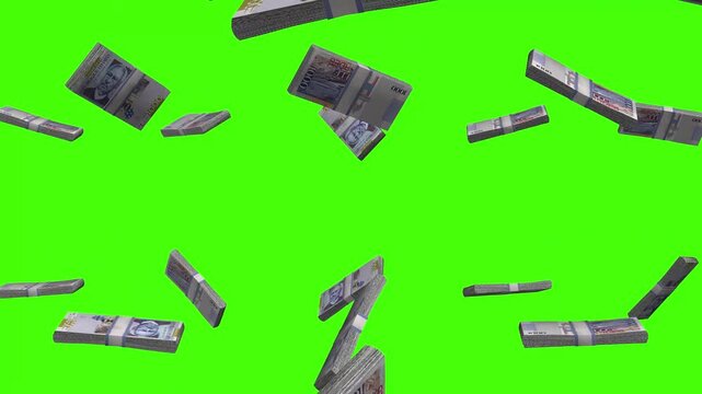 Haitian Gourde banknotes falling on green screen, HTG currency rain