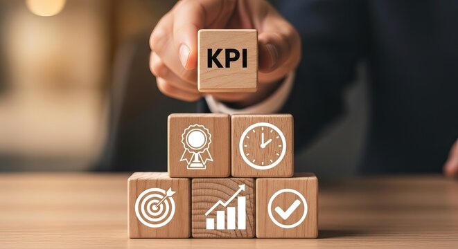 Hand placing "KPI" wooden block on business performance target cubes