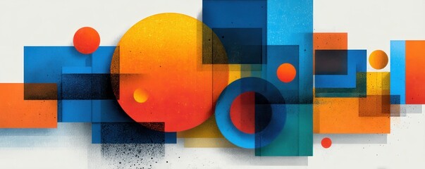 Abstract geometric art with blue and orange blocks featuring circles and squares on a white wall