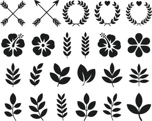 Botanical Laurel Wreath and Floral Arrow Silhouette Vector Set