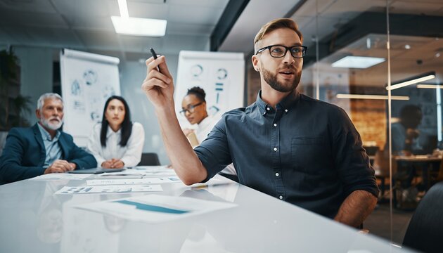 Focused young Marketing Director speaking passionately to diverse team members during a corporate strategy meeting, concept for business communication, financial planning and team collaboration - Powered by Adobe