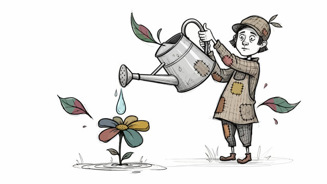 A whimsical illustration depicts a character tending to a vibrant, multicolored flower with a watering can, symbolizing growth and nurturing