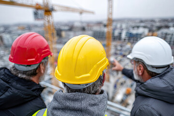 Fototapeta premium Workers at construction discussing progress on steel structure 